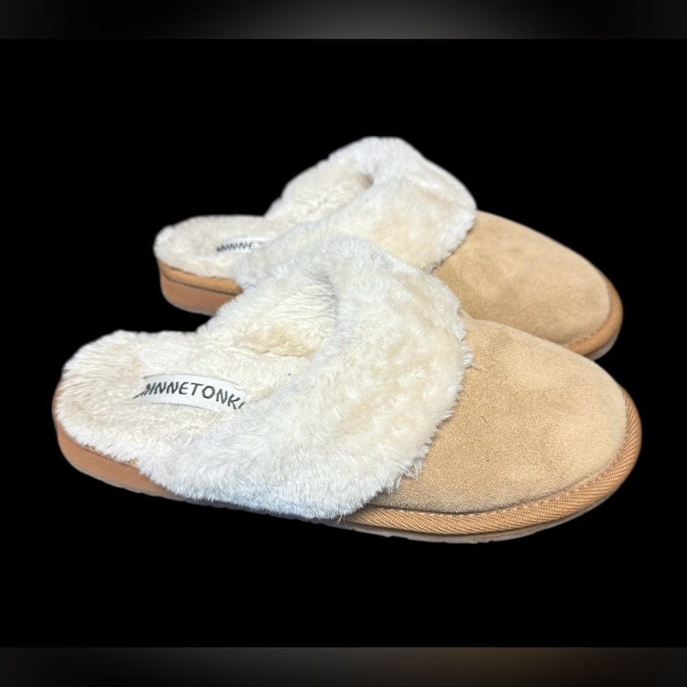 Minnetonka Tan Suede Shar Fur Trim Slide Slipper Women's Size 7 M